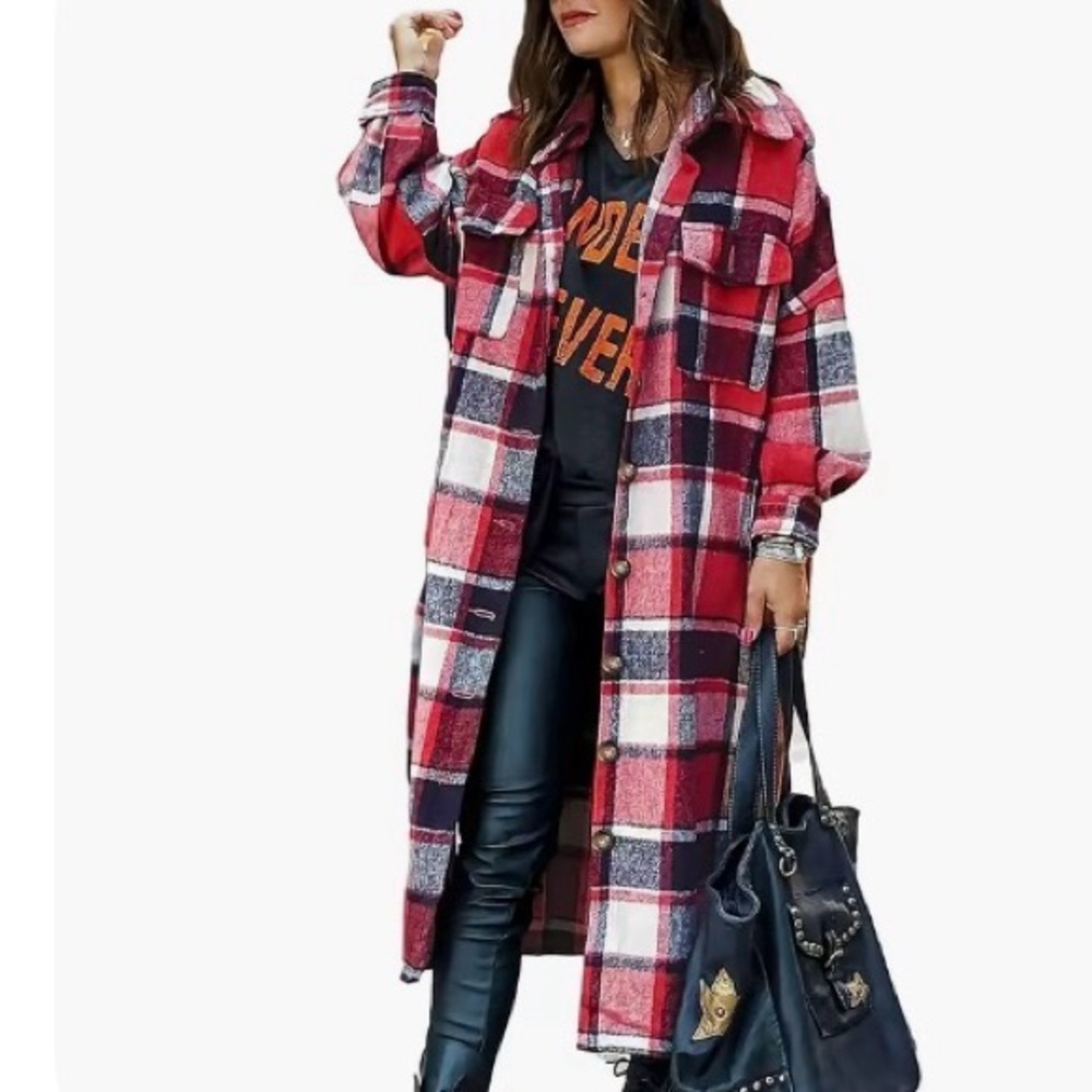 Red and Black Plaid Long Coat